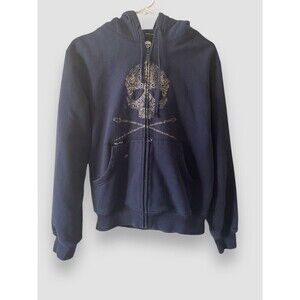 Marc Ecko Cut & Sew Embroidered Skull Accent Men's Dark Blue Zip Hoodie Size S